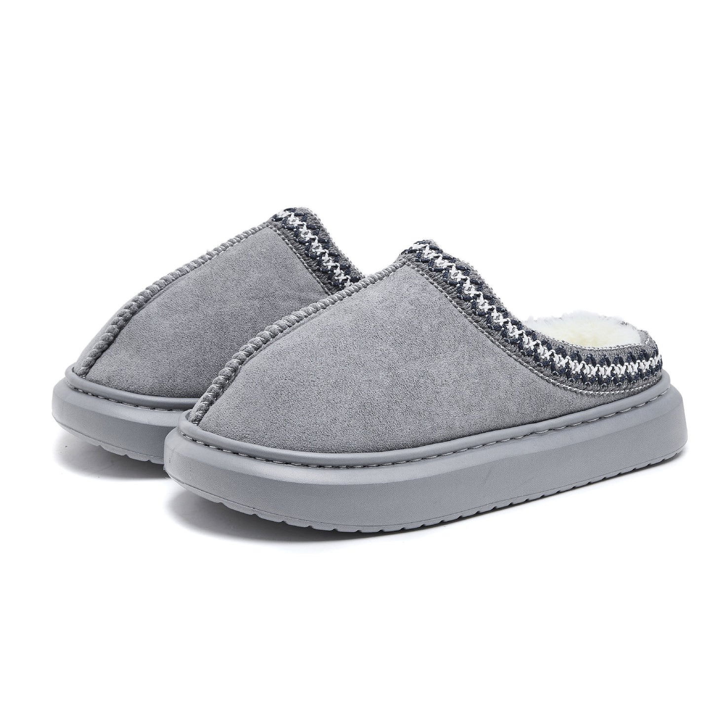 Baotou Fluffy Slippers Autumn Winter Ethnic Cotton Slippers Men Women Couple Warm Rubber Thick-Soled Cotton Slippers Gray