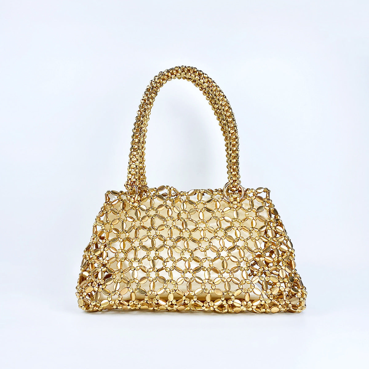 Personalized Woven Hollowed Good looking Ceiling Handbag Shiny Handmade Pearl Tote Underarm Bag One Size Gold