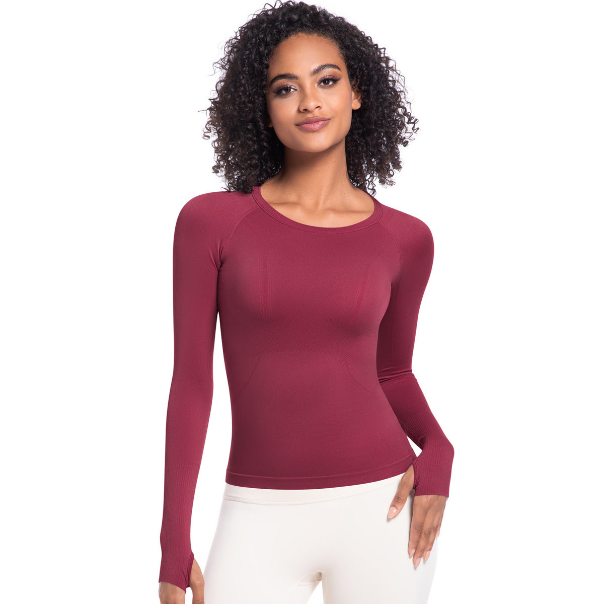 Arrival Women Long Sleeve round Neck Exercise T shirt Running Fitness Top Skin Friendly Slim Breathable Yoga Long Sleeve Wine Red