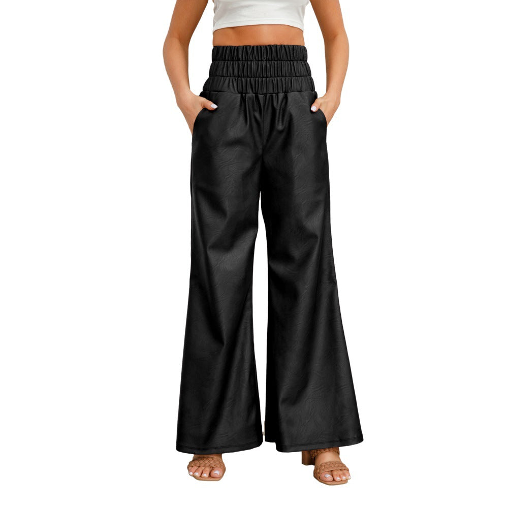 Street High Waist Wide Leg Faux Leather Autumn Winter Women Clothing Bell Bottom Pants Pants Black