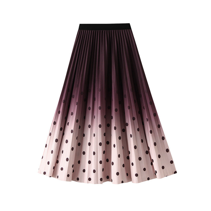 High Waist Slimming Gradient Coloring Pleated A line Skirt Polka Dot Printed Midi Skirt One Size Pink