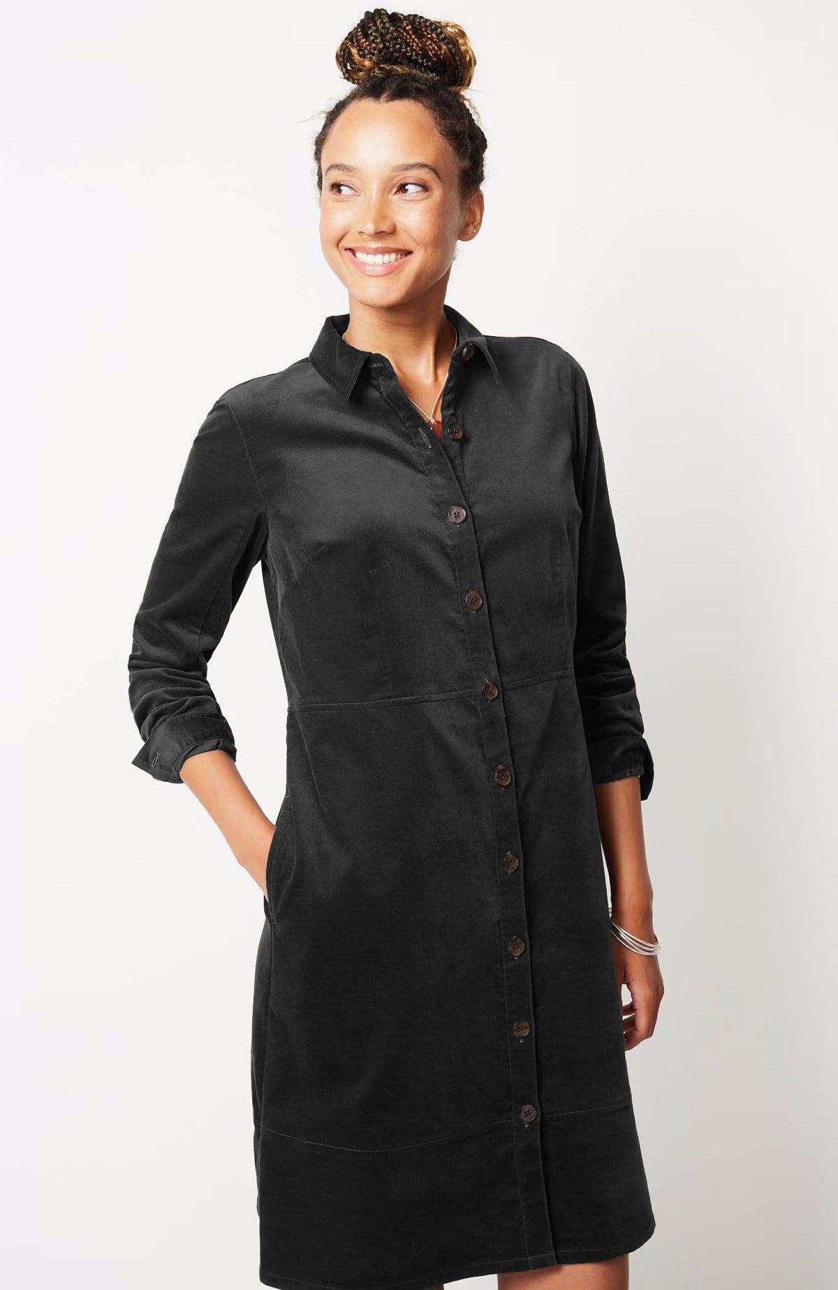 Elegant Velvet Women Windbreaker Button Loose Intellectual Long Sleeve Shirt Dress Black