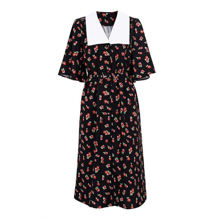 Women Floral Print Slit Tight Waist A line Dress Elegant Short Sleeve Doll Collar Dress Black