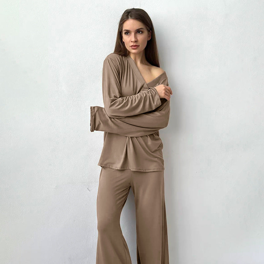 Autumn White Knitted Pajamas Loose Comfortable Long Sleeve Trousers Women Homewear Khaki