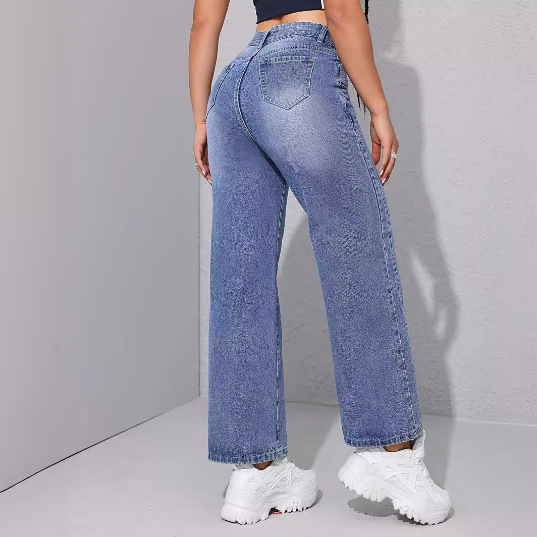 Ladies Straight Jeans Spring Summer High Waist Loose All Matching Slimming Stitching Straight Leg Pants