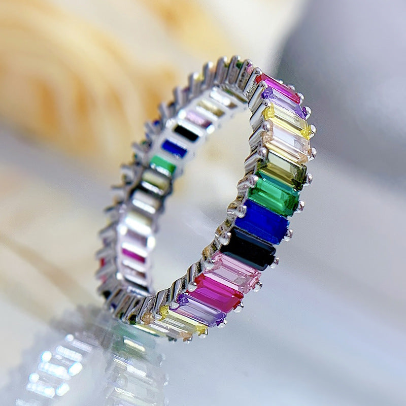 Jewelry Silver Rectangular Colorful Crystals Ring Full Diamond Ring Women