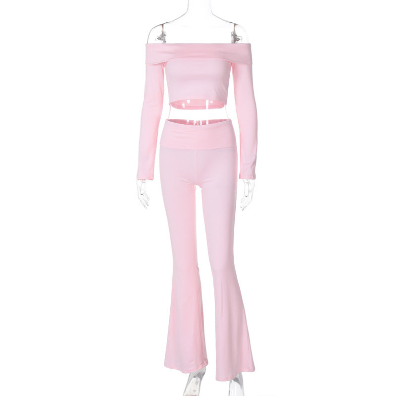 Off Shoulder Long Sleeved Top Flared Pants Two Piece Set Winter Women Clothing Casual Suit Pink