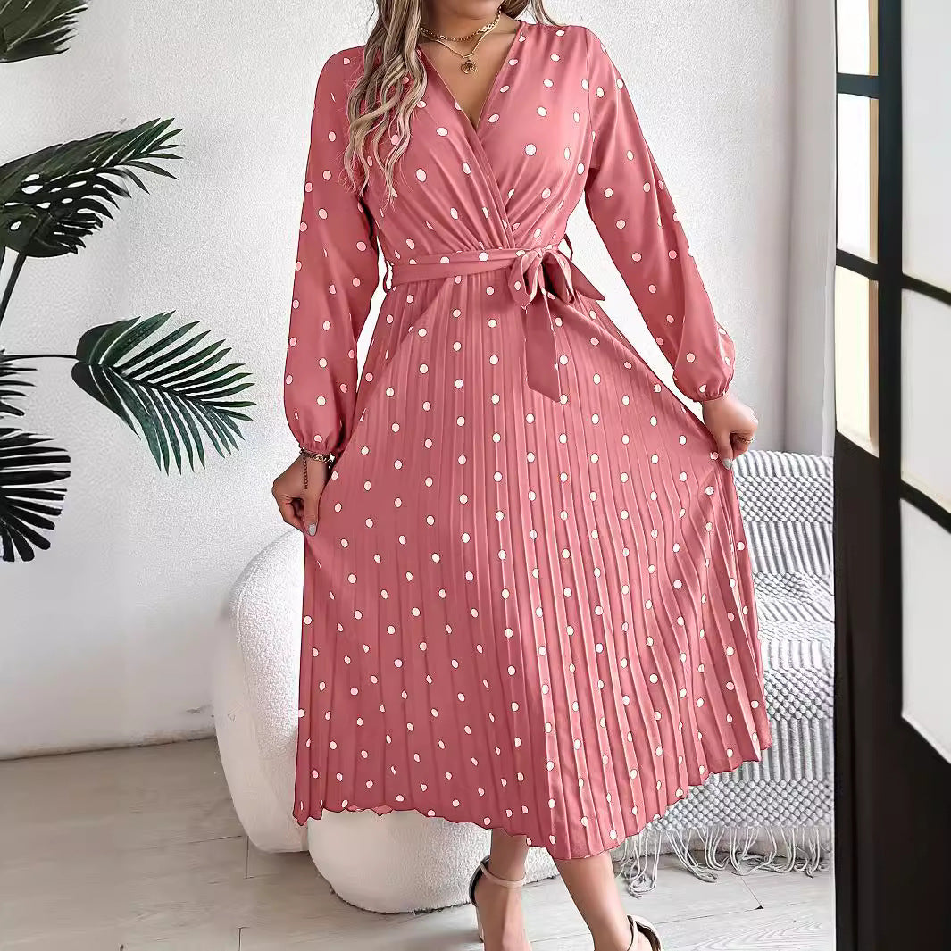 Real Shot Autumn Winter Elegant Contrast Color Polka Dot Cross V neck Pleated Dress Women Clothing