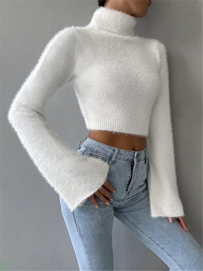 Autumn Winter High Neck Short Exposed Cropped Plush Sweater White