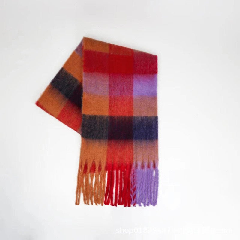 Autumn Winter Mohair Scarf Women Warm Scarf Thickened Cashmere Plaid Scarf One Size Red Purple Plaid