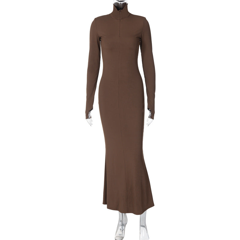 Women Wear Winter Fashionable Elegant Slim Fit Turtleneck Long Sleeve Solid Color Dress Coffee