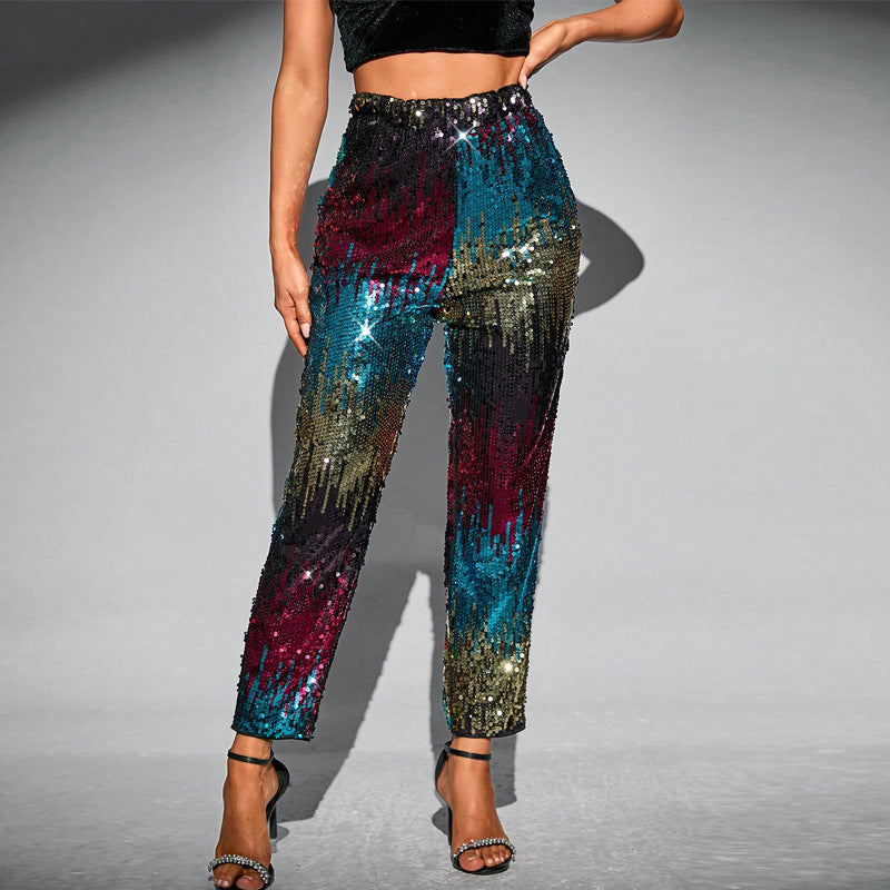 Multi Color Velvet Sequ High Waist Party Clothes Tapered Pants Straight Leg Pants Trousers Blue and Red