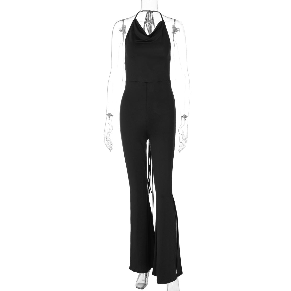 Women Clothing Summer Sexy Backless Fold Split Slim Fit Tied Jumpsuit Black