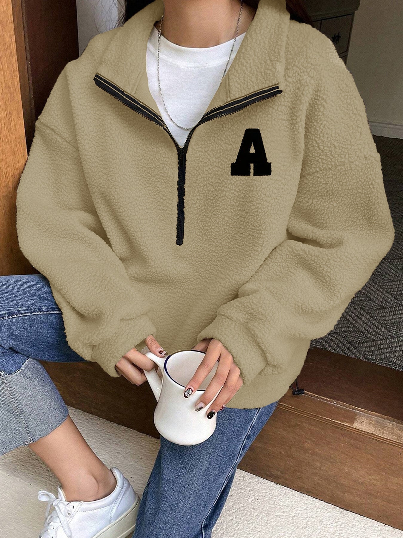 Sweater Polar Fleece Autumn Winter Loose Long Sleeve Sweatershirt Half Zipper Apricot