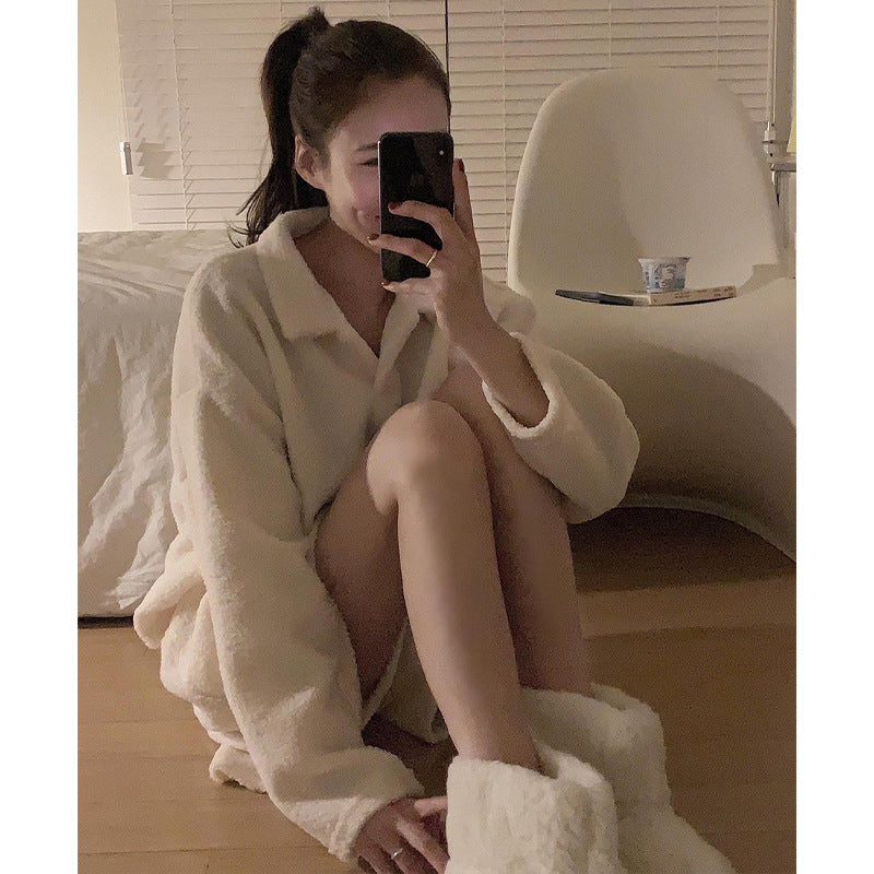 Coral Fleece Home Wear Women Autumn Winter South Korea Long Sleeve Shorts Outer Wear Lamb Fur Pajamas