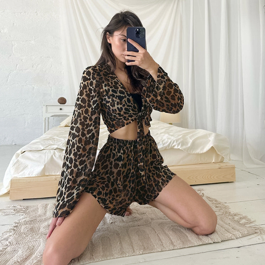 Autumn Leopard Print Pajamas Two Piece Cardigan Tied Long Sleeves Shorts Ladies Homewear Leopard