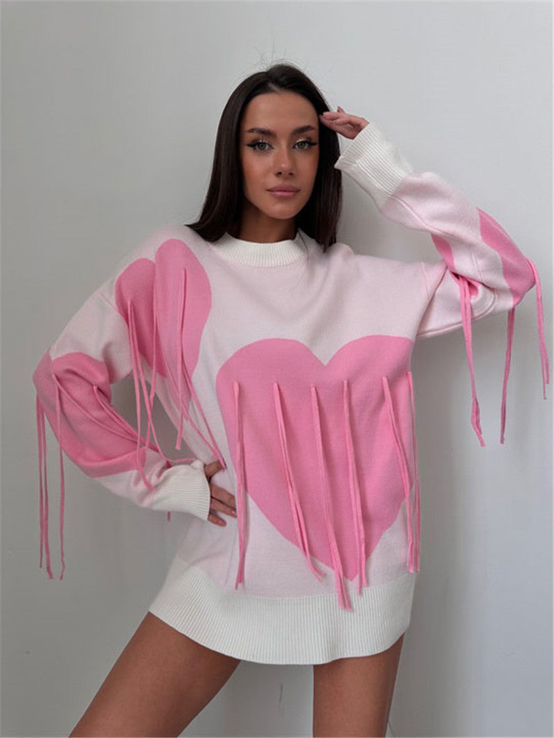 Love Tassel Autumn Winter Sweater Women round Neck Pullover Top Sweater Pink