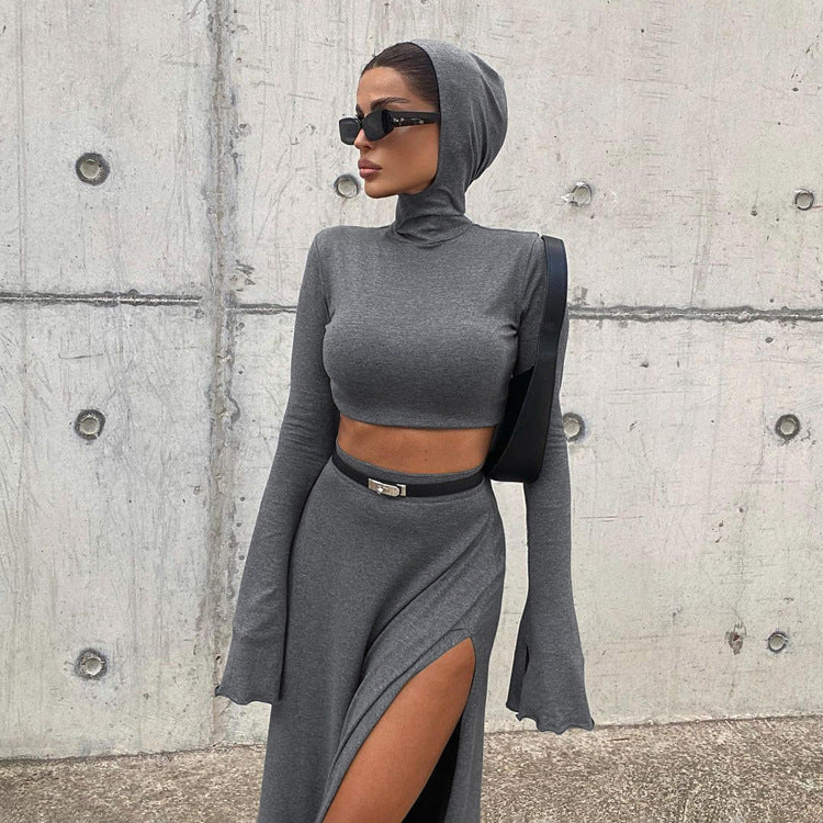 Women Clothing Short Hood Top High Waist Side Slit Unique Skirt Spring Autumn Two Piece Set Women