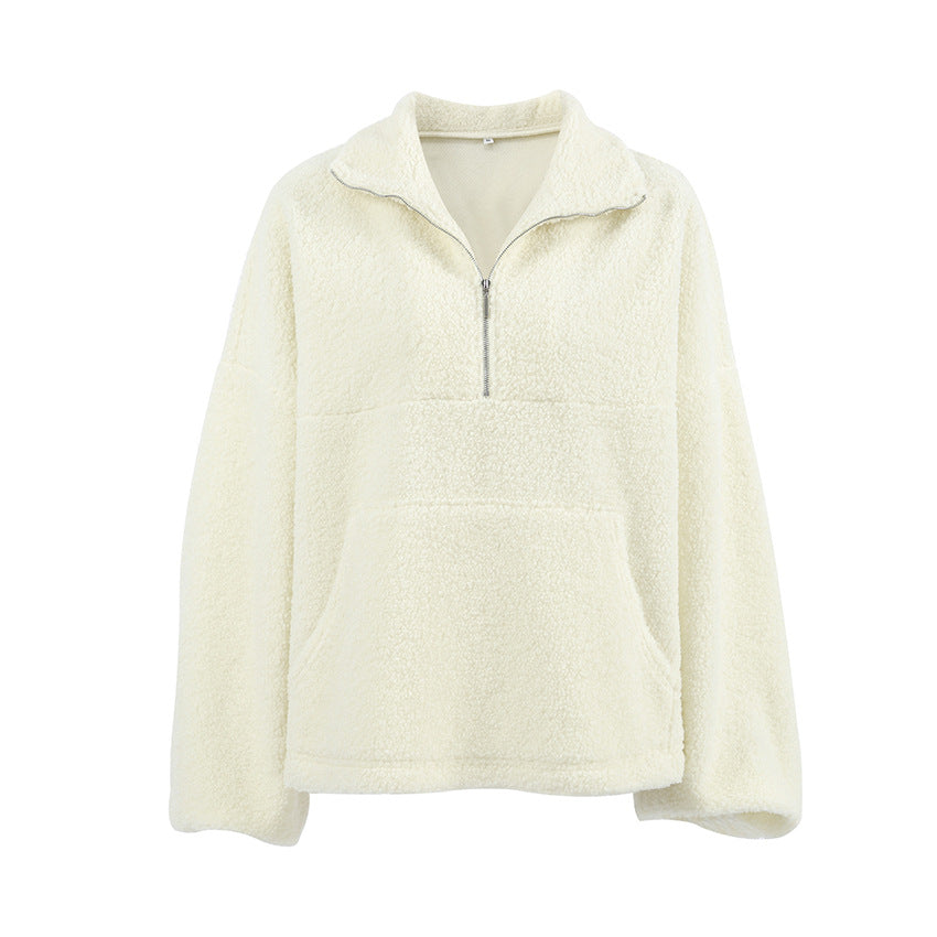 Autumn Winter Personalized Beige Knit Casual Lamb Cashmere Small Stand-up Collar Puff Sleeve Plush Loose Sweater Women