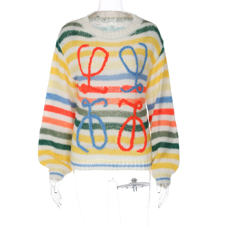 Women Clothes Fall Rainbow Contrast Striped Sweater Women Loose Pullover Sweater Multi