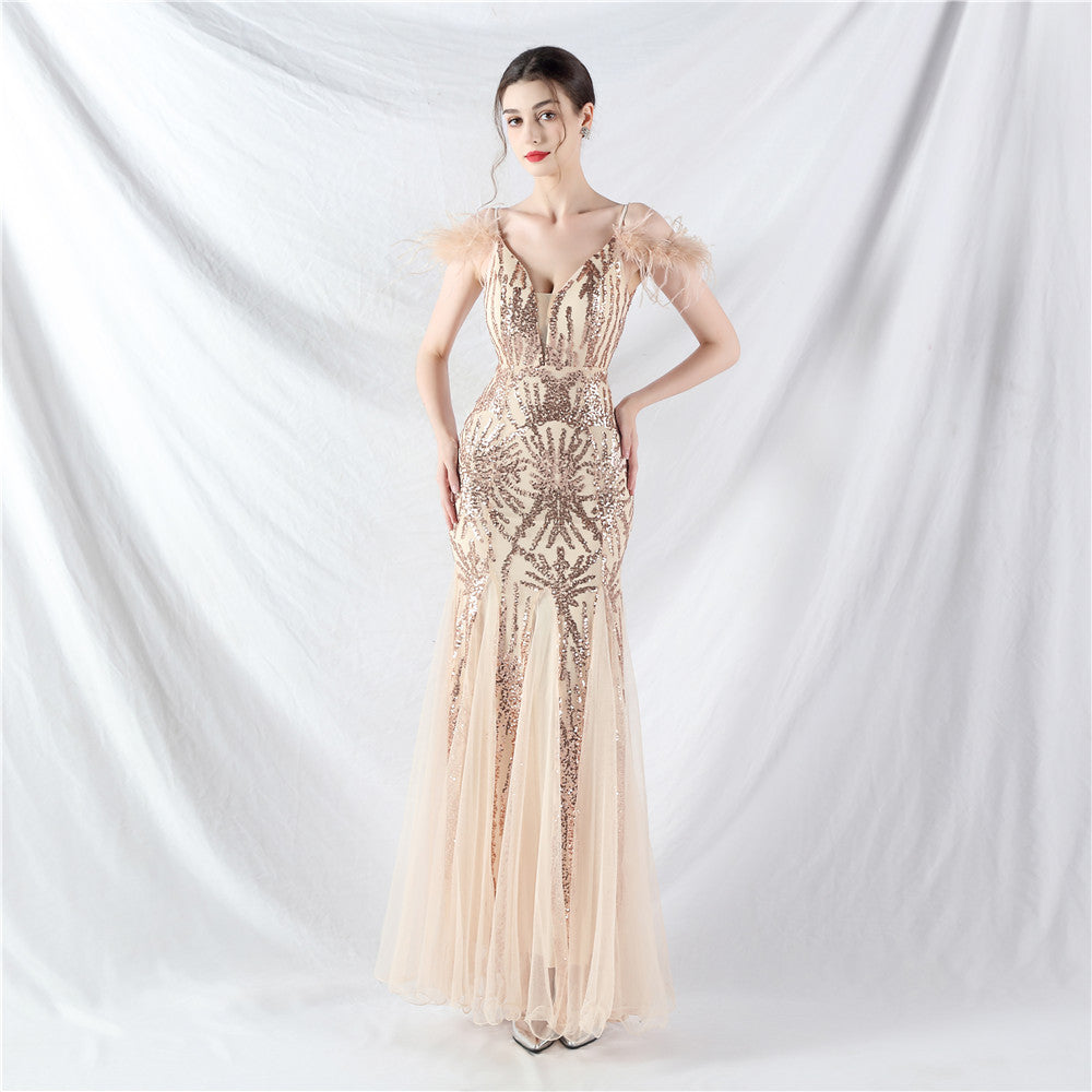 Color Craft Order Ostrich Feather Mesh Sequin Sexy Sling Dress Evening Dress Gold