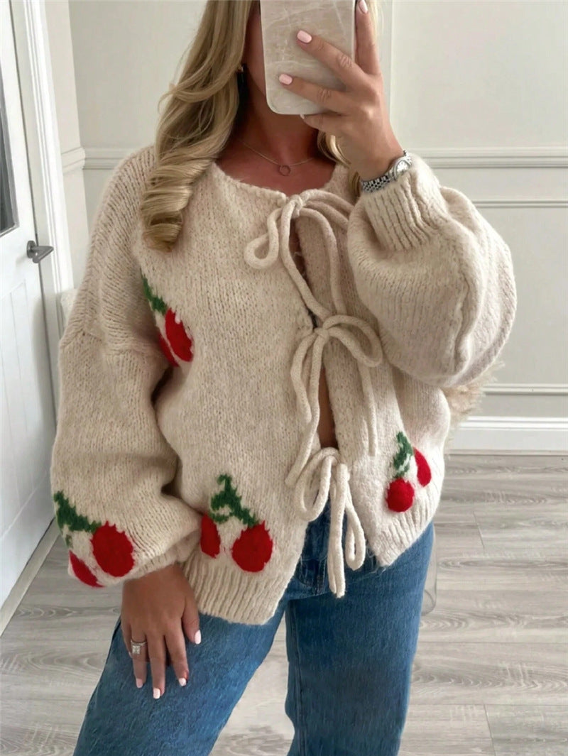 Autumn Winter Knitting Cardigan Loose Casual Sweater Strawberry Cherry Tie Front Top Apricot