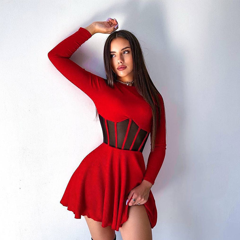 Fall Women Clothing Half High Collar Long Sleeves Mesh Patchwork See through Boning Corset Tight Waist Short Dress