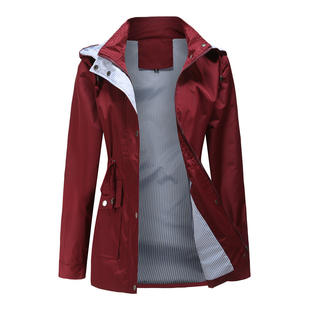 New Spring Autumn Detachable Hat Windbreaker Women Women Clothing Striped Inner Coat Plus Size Women Burgundy