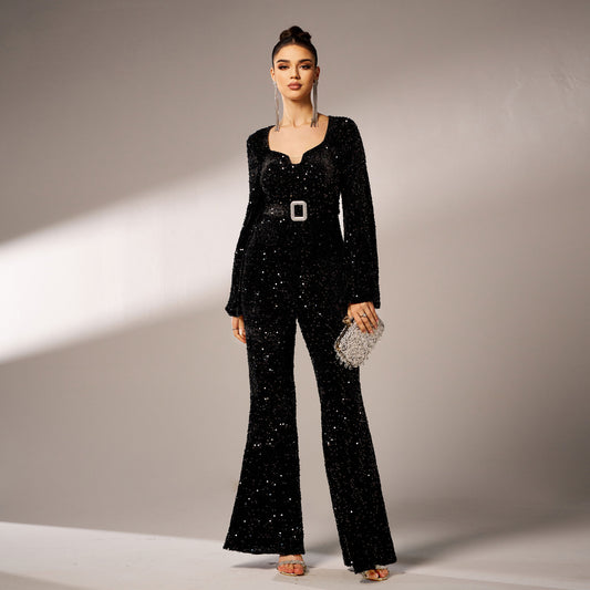 Women Clothing Advanced Long Sleeve Square Neck Slim Fit Sheath Cocktail Sequined Evening Dress Jumpsuit