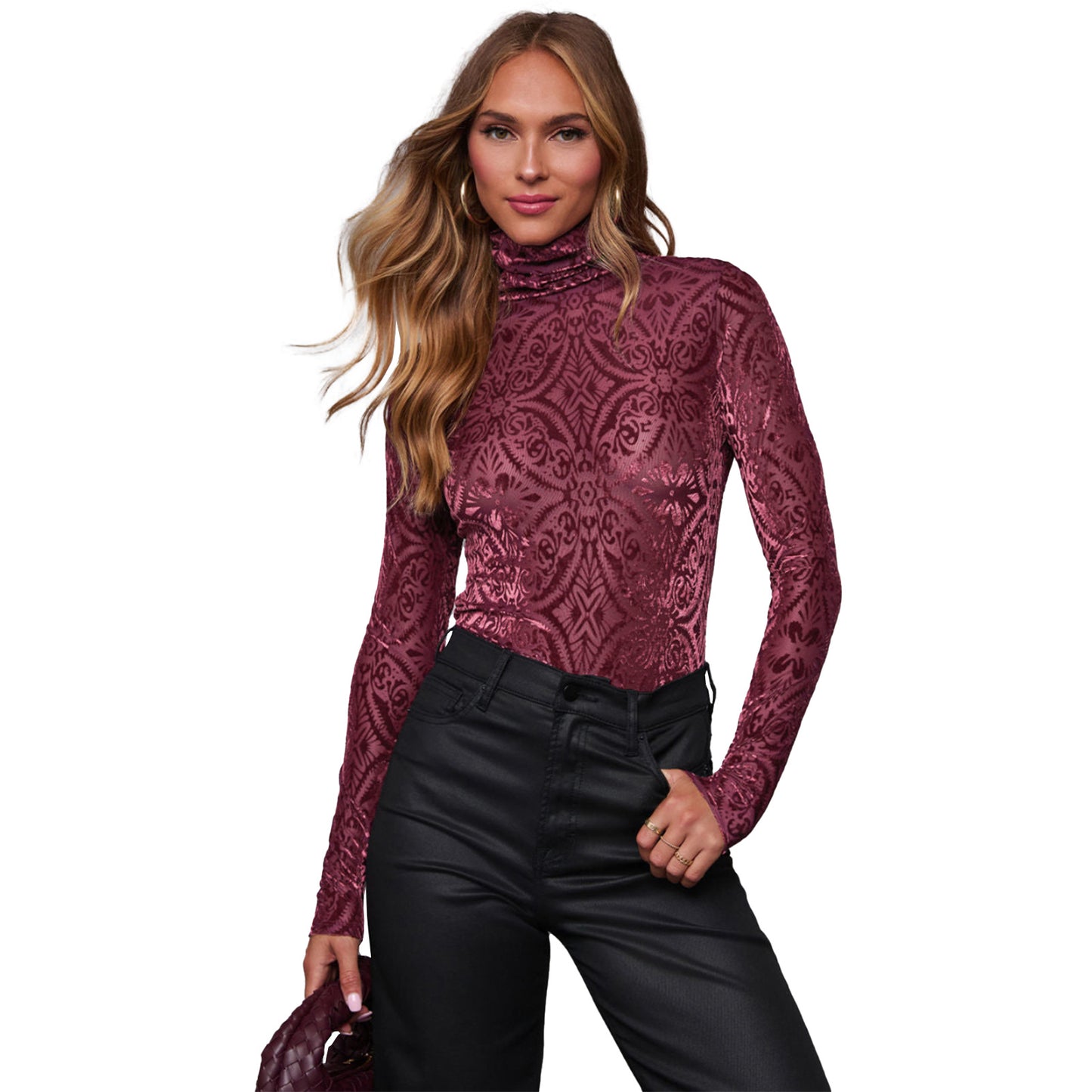 Women Clothing Turtleneck Stretch Velvet Burnt Long Sleeve Bottoming Shirt Top Burgundy