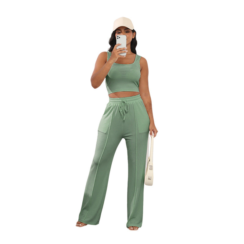 Summer Thread Knitted Sleeveless Cropped Top Women Two Piece High Waist Wide Leg Pants Suit Light Green