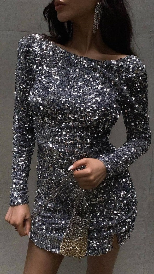 Dress Southeast Asia Backless Sequined Long Sleeve Ladies Party Dress Gray