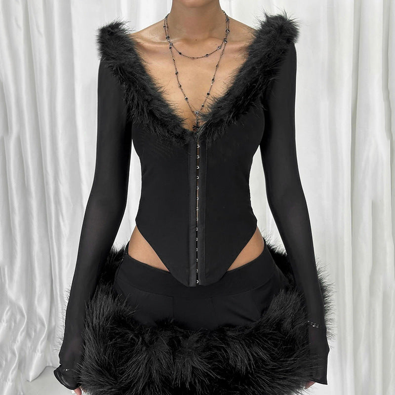 Sexy Women Wear Deep V Plunge neck See through Mesh Patchwork Eyelash Rhombus Irregular Asymmetric Breasted Waist Long Sleeve Top