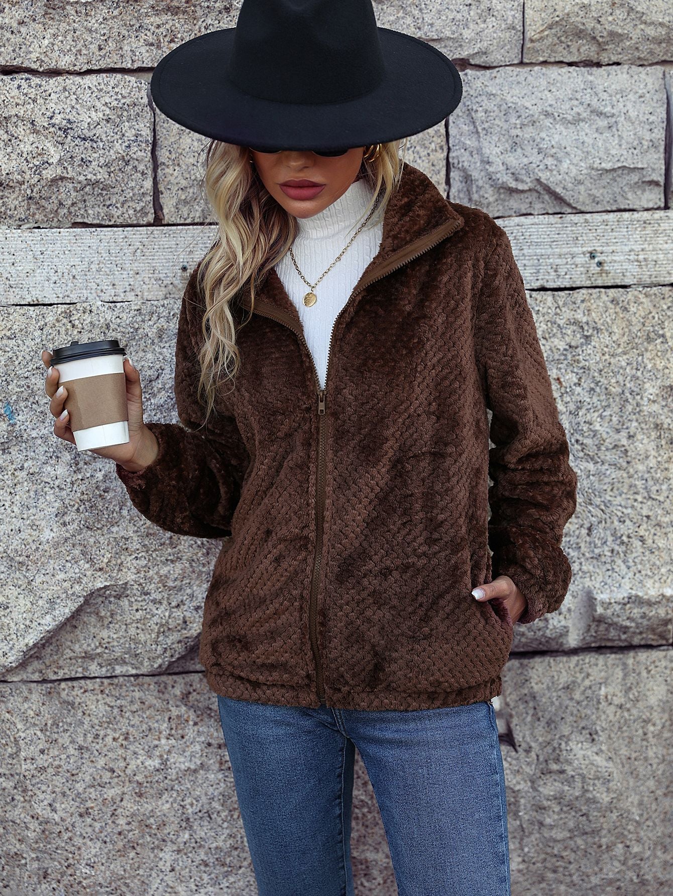 Autumn Winter Women Collared Long Sleeve Mercerized Zipper Mid Length Cashmere Casual Jacket Coffee