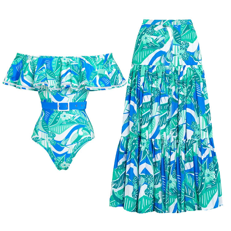 Off Shoulder Ruffled Printed One Piece Swimsuit Set