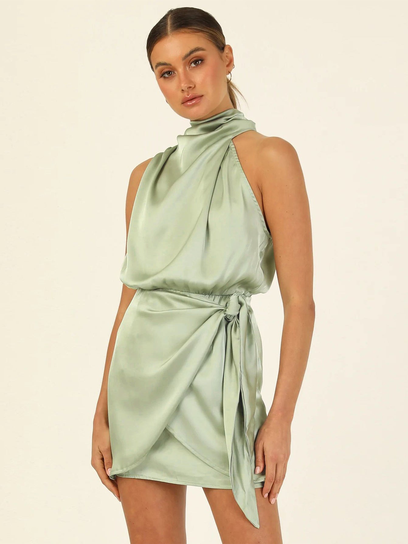 Halter High Grade Satin Tied Slim Fit Socialite Dress Light Green