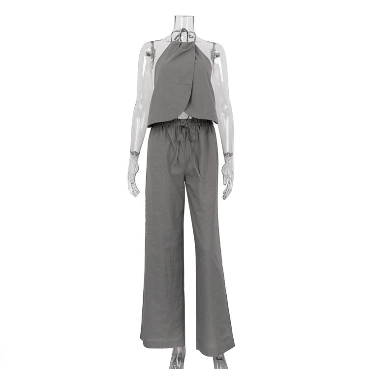 Summer Sexy Two Piece Suit Lace Up Halterneck Vest Sleeveless Top Women Wide Leg Pants Suit Gray