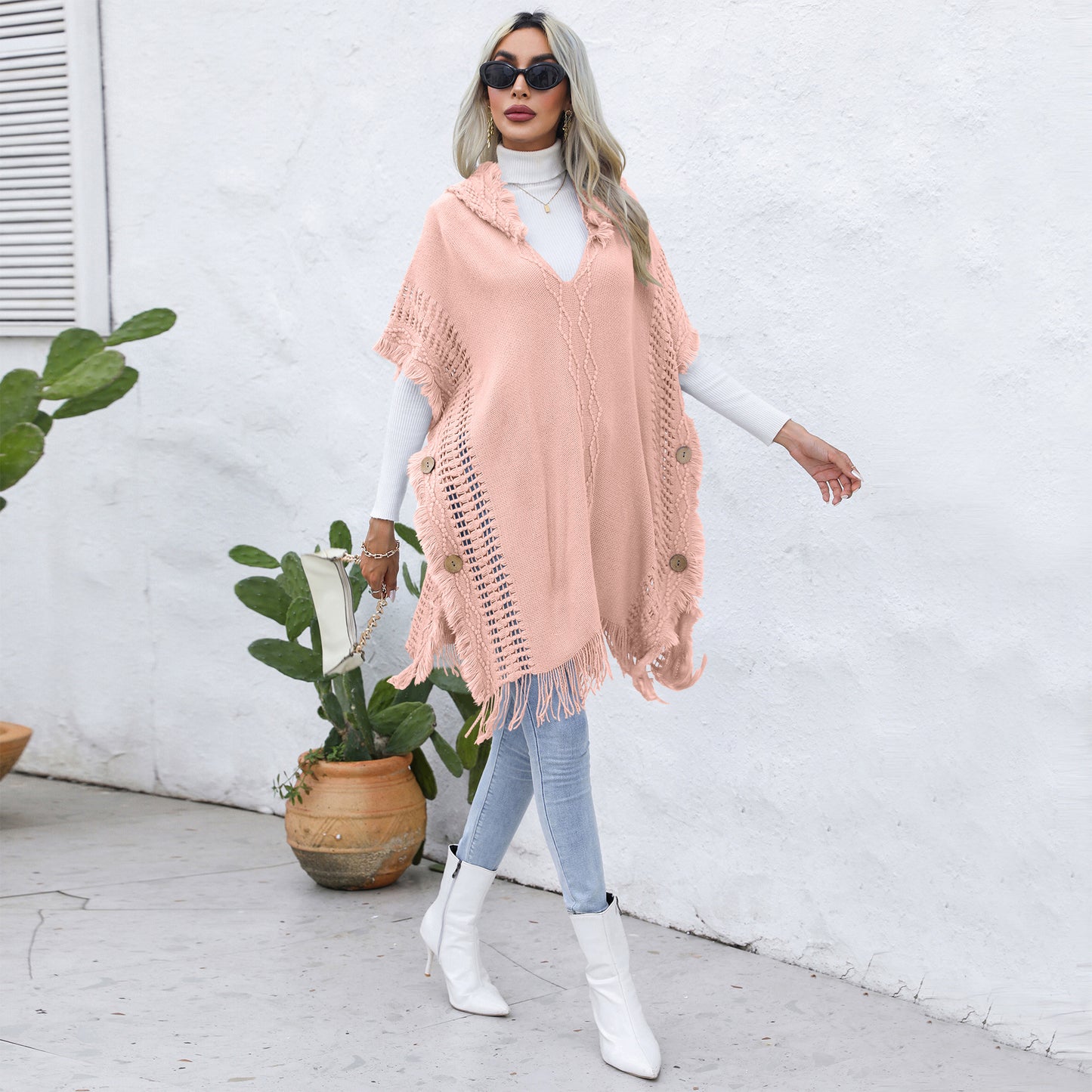 Women Clothing Casual Loose V neck Hooded Pullover Mid-Length Sweater Waistcoat Cloak Jacket