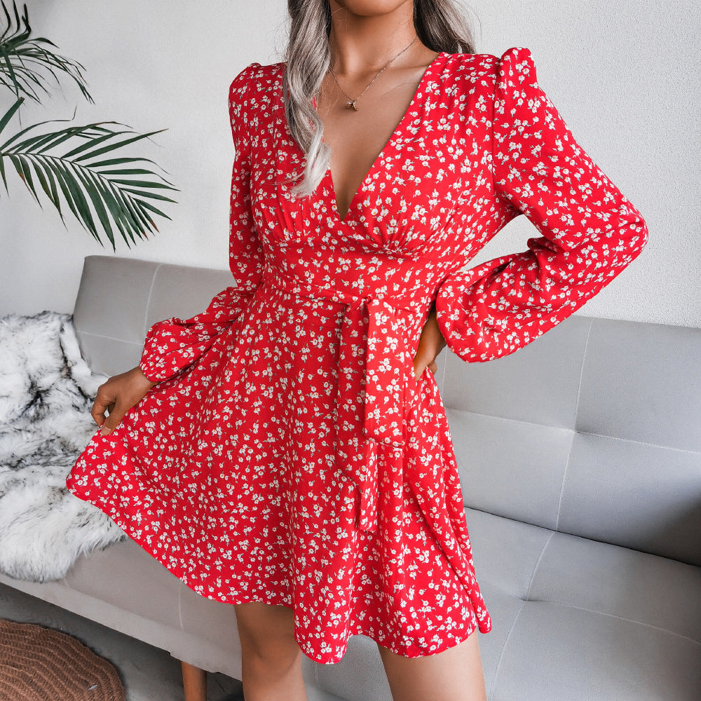 Autumn Winter Sexy V neck Long Sleeve Floral Chiffon Dress Women Clothing