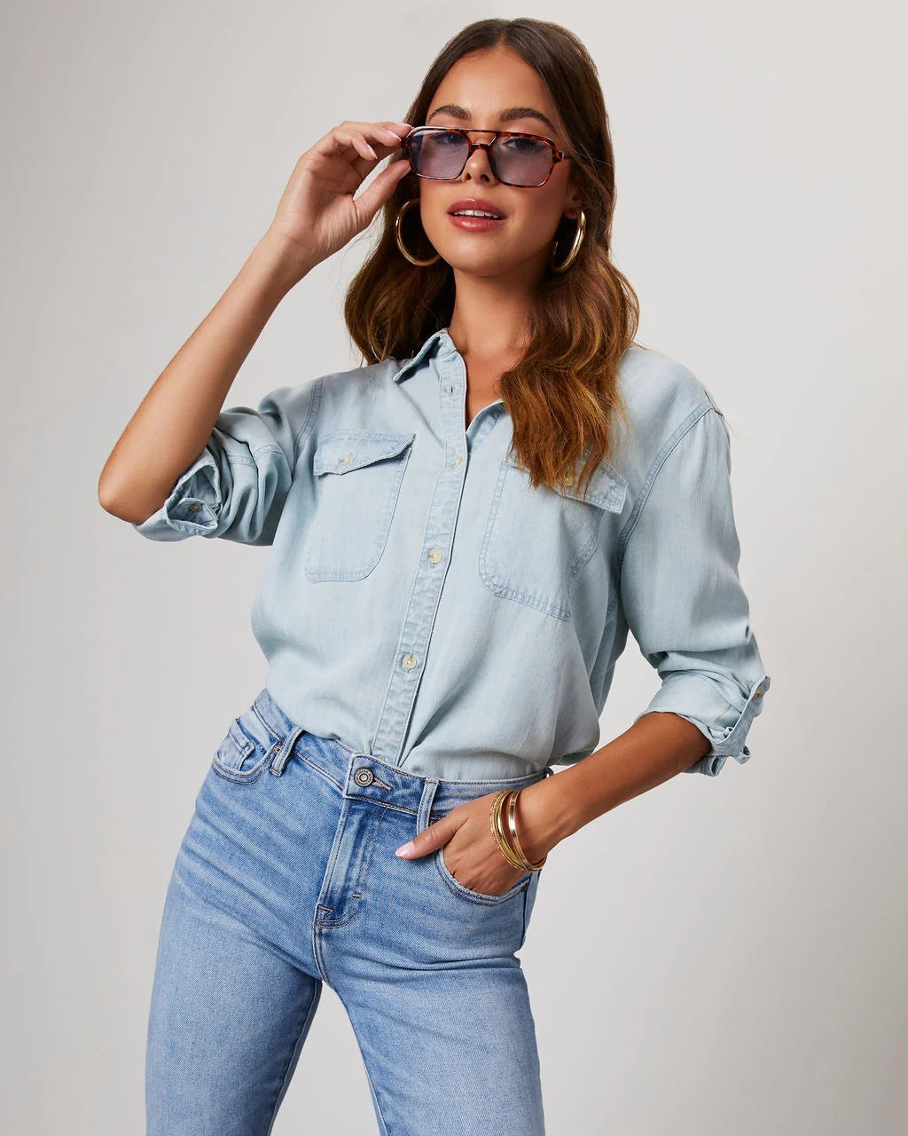 Denim Shirt Autumn Casual Collared Single Breasted Women Long Sleeved Denim Light Blue