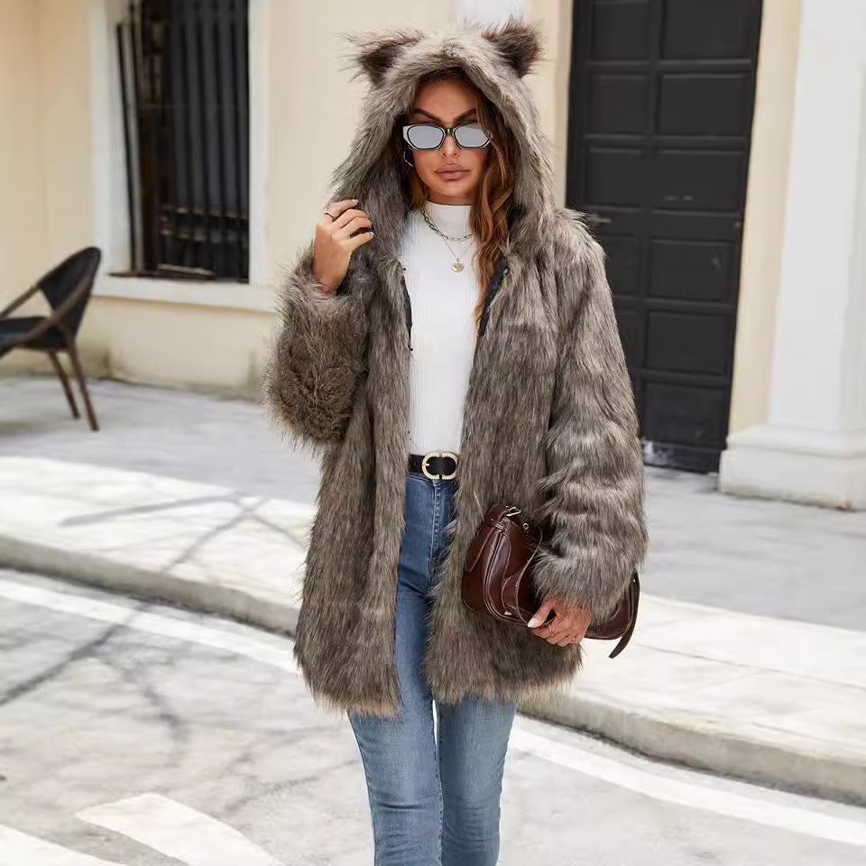 Ladies Hooded Faux Fur Coat Top Autumn Winter Plush Trench Coat