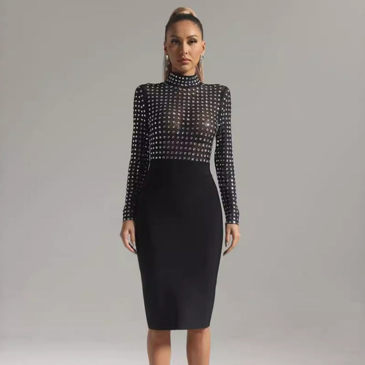 Mesh Stitching Autumn Winter Bandage One Piece Dress Women Sexy Turtleneck Diamond Nightclub Party Dress