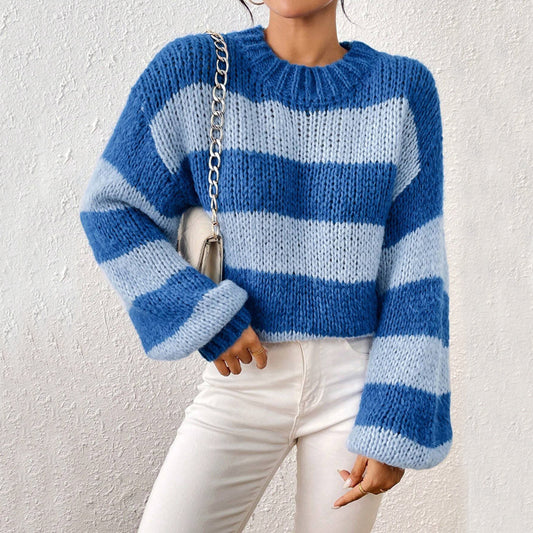 Women Wear Pullover round Neck Long Sleeves Stripes Sweater Top