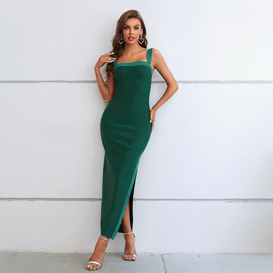 Women Dress Spring Summer Fashionable Sexy Figure Flattering Rhinestone Strap Dress Slit Formal Dress