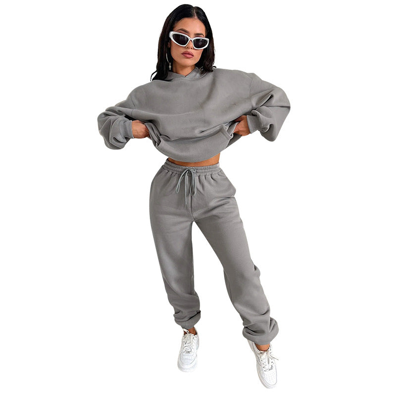 Autumn Winter Solid Color Long Sleeve Hooded Fleece Lined Sweater Women Casual Trousers sets Light Gray