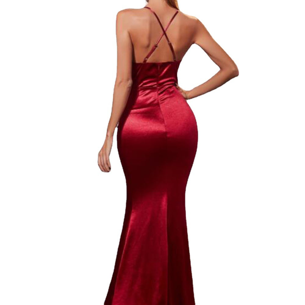 Sexy Luxury Women Elegant Dress Backless Sling Swing Collar Slit Satin Evening Dress