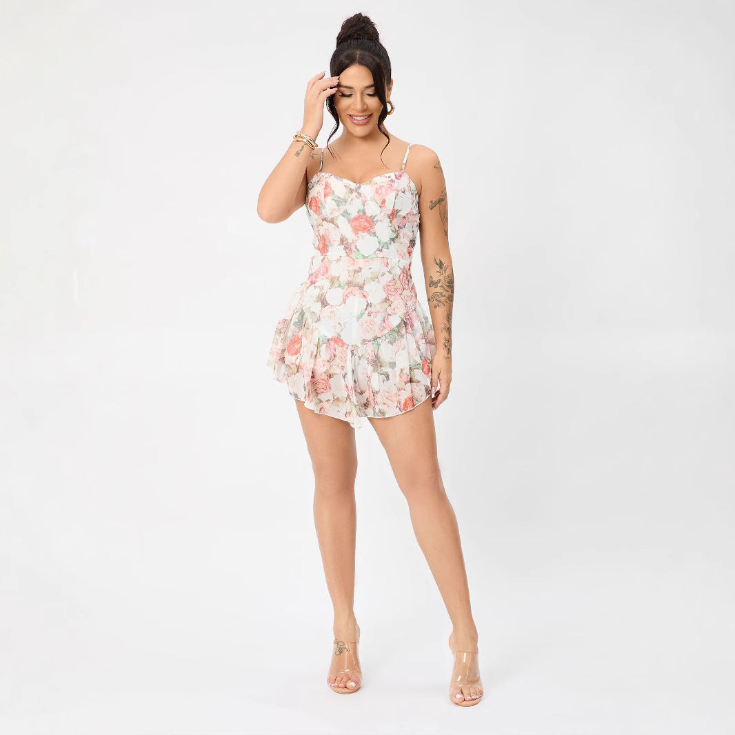 Floral Summer Adjustable Shoulder Strap Ruffled Hem Sexy Mini Dress