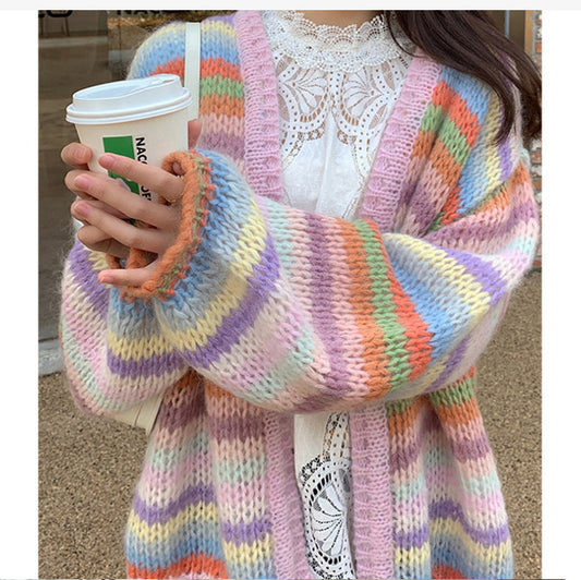 Idle Rainbow Bar Knitwear Women Cardigan Autumn Korean Loose Contrast Color Sweater Coat