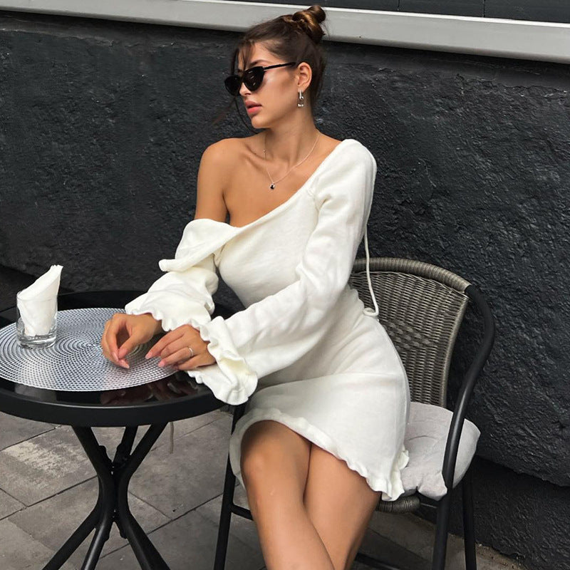 Woolen Sexy Tether Backless Dress Winter Horn Long Sleeve Solid Color Short Dress White