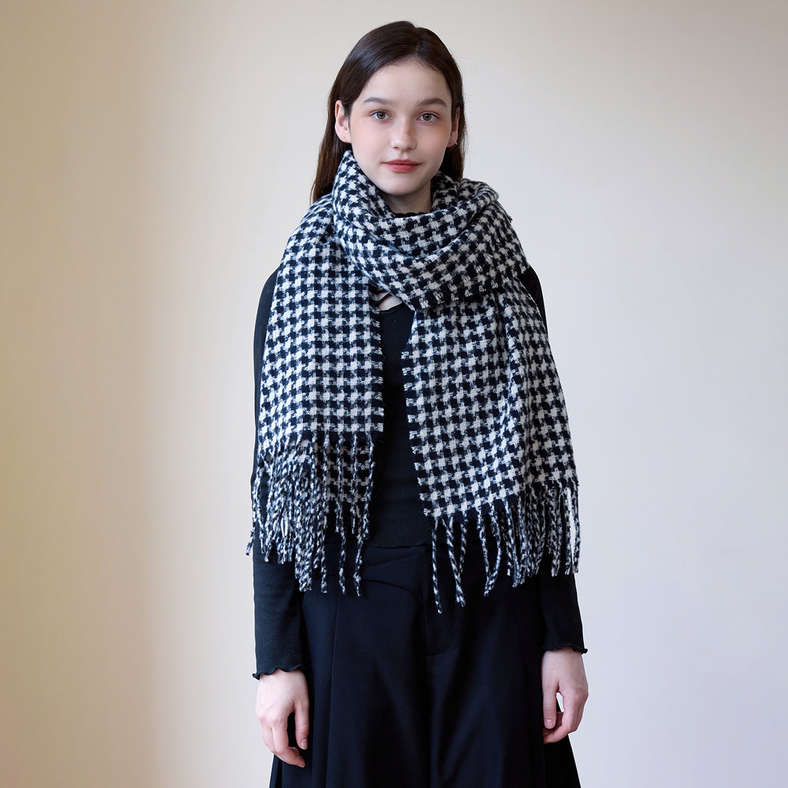 Women Cashmere Plaid Scarf Winter Thermal Long Houndstooth Tassel Shawl Scarf